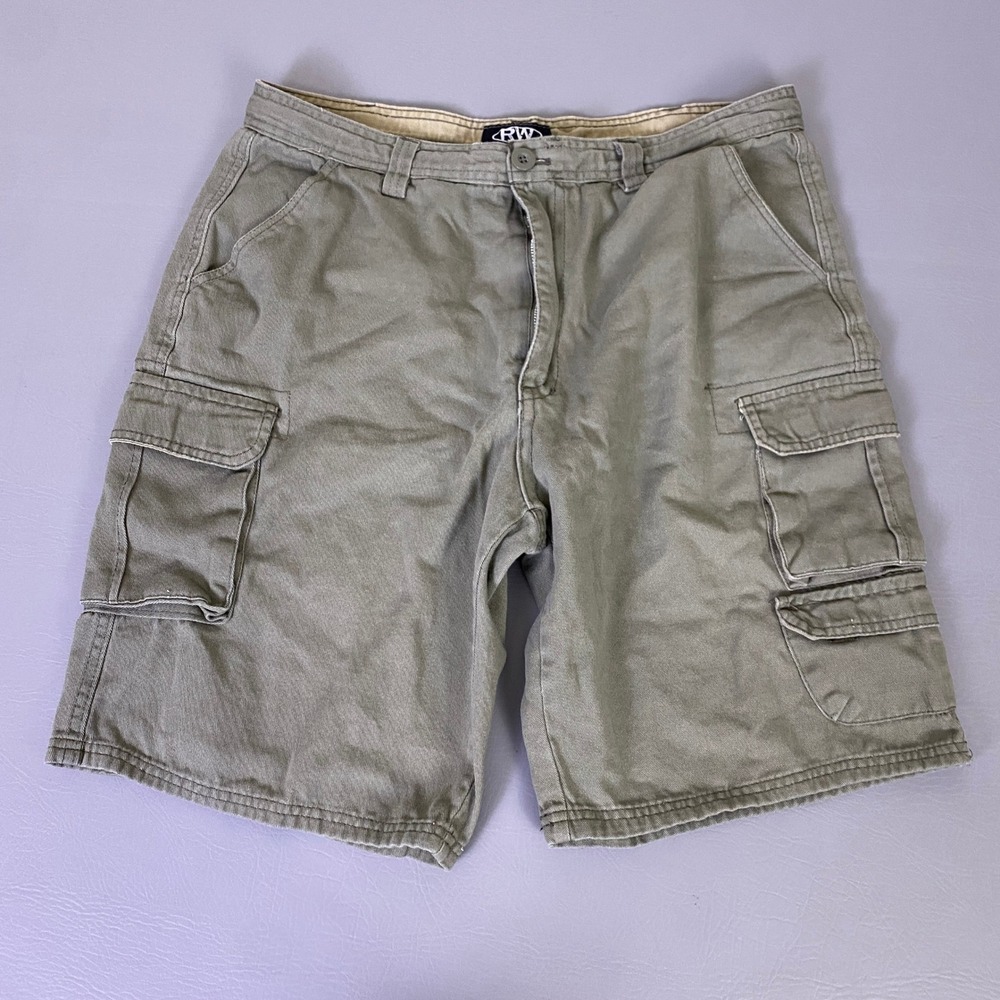 RW Rugged Wear Cargo Shorts Men's Size 34 Olive Green Cotton Canvas Utility